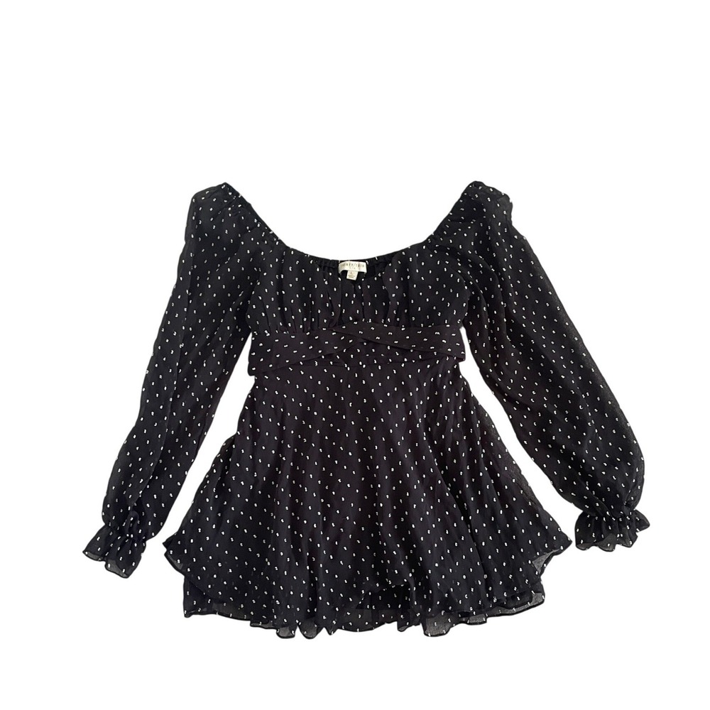 Babydoll Polka Dot Long Sleeve Peplum Dress Mini Black Off Shoulder Size M
